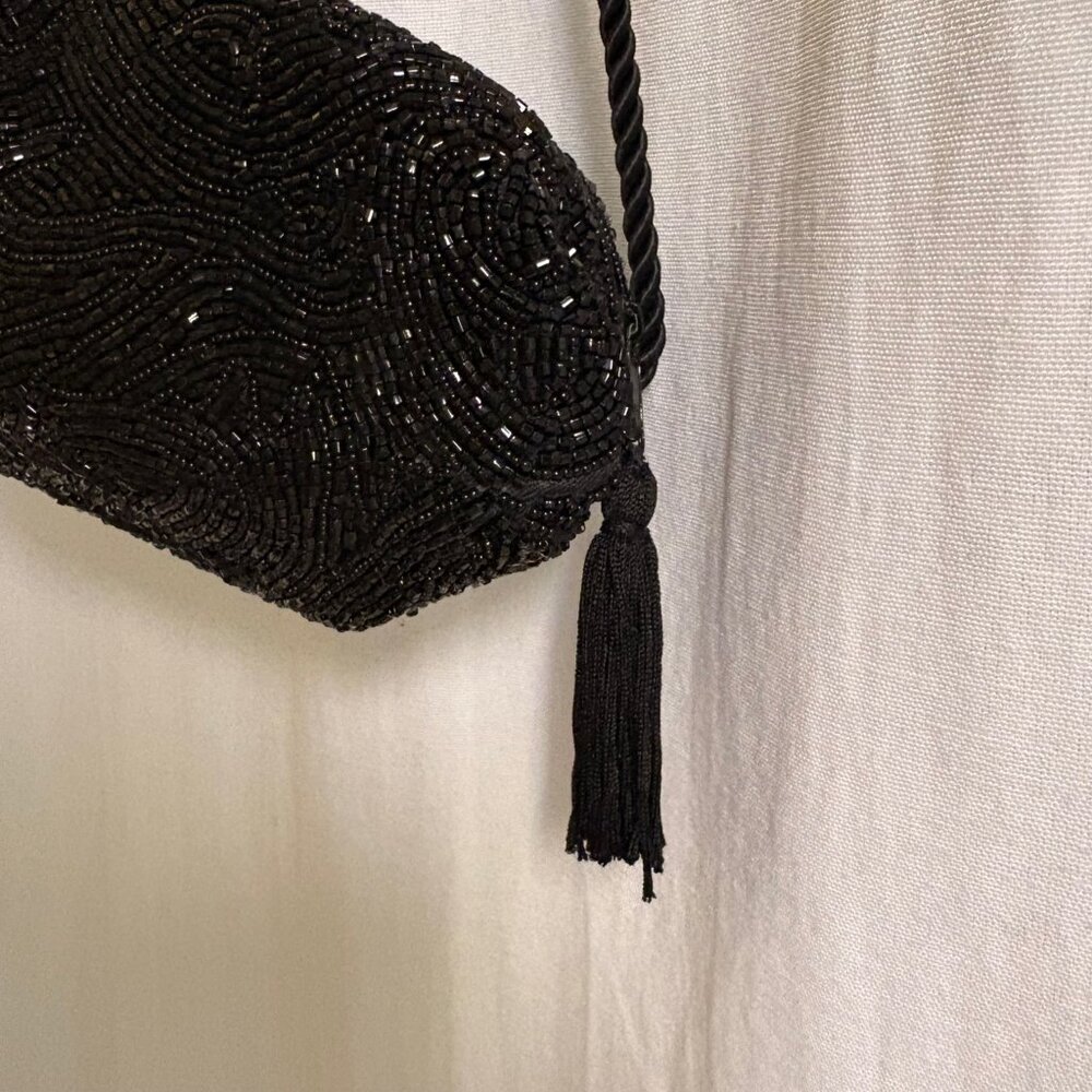 Black Beaded Evening Bag Y2K Goth Glam Formal Clutch w/ Tassel Strap - Picture 2 of 4